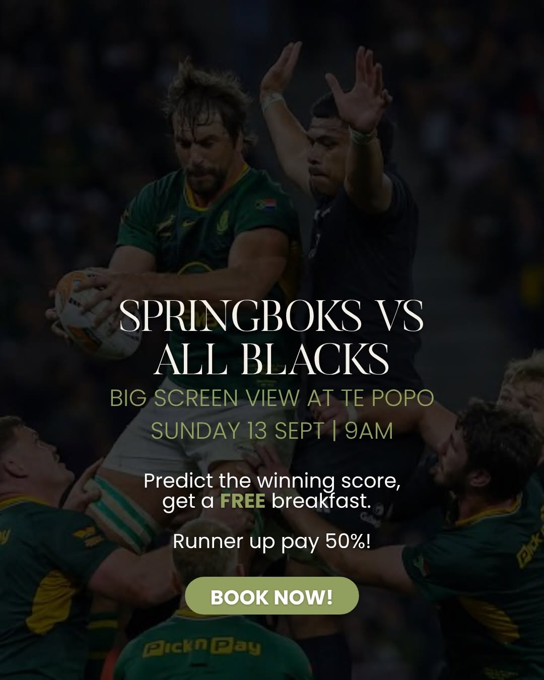 Springboks vs All Blacks champagne breakfast event at Te Popo Gardens